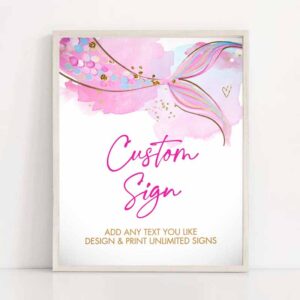 2 editable custom sign mermaid tail watercolor pink aqua girl birthday shower table sign decoration 8x10 download printable 0403 1