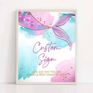 2 editable custom sign mermaid tail watercolor pink purple aqua girl birthday shower table sign decoration 8x10 download printable 0403 1