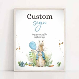 2 editable custom sign peter rabbit birthday decor table sign peter rabbit shower rustic boy blue download corjl template printable 8x10 0351 1