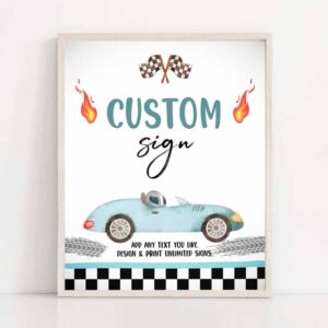 2 editable custom sign race car birthday two fast 2 curious racing vintage cars blue boys party 8x10 download corjl template printable 0424 1