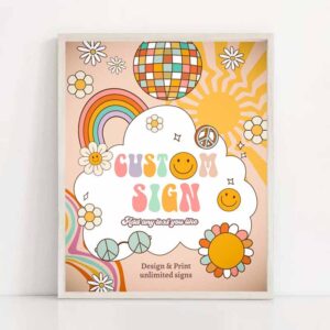 2 editable custom sign retro groovy birthday party one groovy babe party decor flower power hippie 70s 8x10 download printable corjl 0459 1
