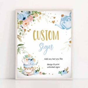2 editable custom tea party sign baby shower baby is brewing floral blue gold whimsical boy table sign 8x10 corjl template printable 0349 1
