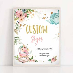 2 editable custom tea party sign baby shower baby is brewing floral pink gold whimsical girl table sign 8x10 corjl template printable 0349 1