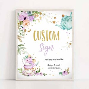 2 editable custom tea party sign baby shower brewing floral tea for two purple gender neutral table sign 8x10 corjl template printable 0349 1
