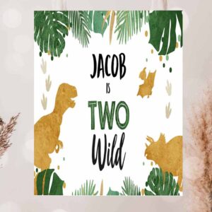 2 editable dinosaur birthday backdrop banner boy gold two wild birthday 2nd birthday dino welcome sign download corjl template printable 0146 1