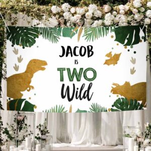 2 editable dinosaur birthday backdrop banner boy gold young wild and three birthday 3rd birthday sign download corjl template printable 0146 1