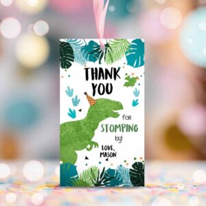 2 editable dinosaur birthday favor tags gift tag boy green blue three rex thank you stomping by dino party t rex corjl template printable 0389 1
