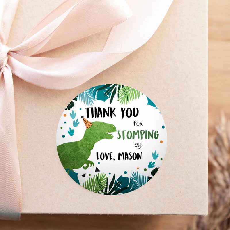 2 editable dinosaur birthday favor tags gift tags boy green blue three rex thank you stomping by dino party t rex corjl template printable 0389 1