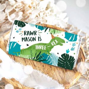 2 editable dinosaur chocolate bar labels candy bar wrapper three rex birthday blue green t rex dino download corjl template printable 0389 1