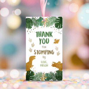 2 editable dinosaur favor tags gift tag boy green gold thank you for stomping by tag birthday dino party t rex corjl template printable 0146 1
