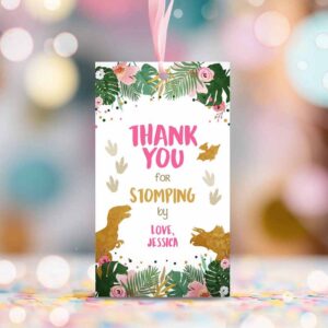 2 editable dinosaur favor tags gift tag girl pink gold thank you for stomping by tag birthday dino party t rex corjl template printable 0146 1