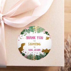 2 editable dinosaur favor tags gift tag girl pink gold thank you for stomping by tag birthday round square t rex corjl template printable 0146 1