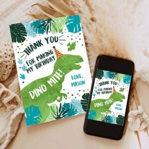 2 editable dinosaur thank you card birthday boy black green gold dino party t rex photo download printable corjl template digital 0389 1