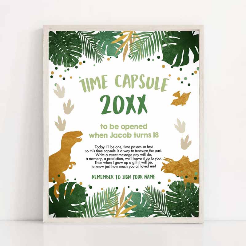 2 Editable Dinosaur Time Capsule First Birthday Party Green Gold Boy Party 1st Table Sign Cards T Rex Guestbook Corjl Template Printable 0146