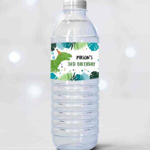 2 editable dinosaur water bottle labels dinosaur birthday t rex dino birthday decor green blue prehistoric dino printable template corjl 0389 1
