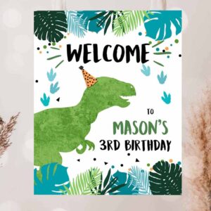 2 editable dinosaur welcome sign boy green blue dino dig party dinosaur birthday sign table sign download corjl template printable 0389 1