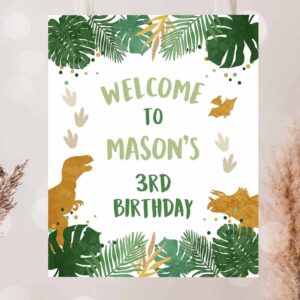 2 editable dinosaur welcome sign boy green gold dino dig party dinosaur birthday sign table sign download corjl template printable 0146 1