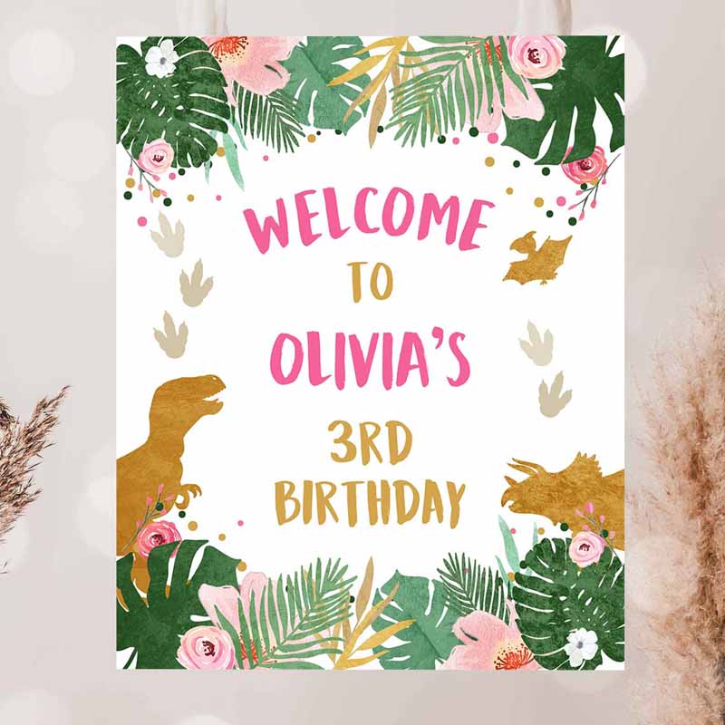 2 Editable Dinosaur Welcome Sign Girl Pink and Gold Dino Party Dinosaur Birthday Sign Welcome Dinosaur Sign Template PRINTABLE Corjl 0146