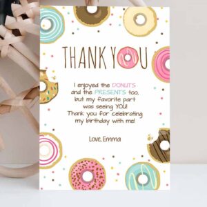 2 editable donut thank you card note pink girl birthday party doughnut thank you photo sweet first birthday 1st corjl template printable 0050 1