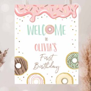 2 editable donut welcome sign donut birthday party pink girl two sweet decor pastel shower table sign download corjl template printable 0320 1