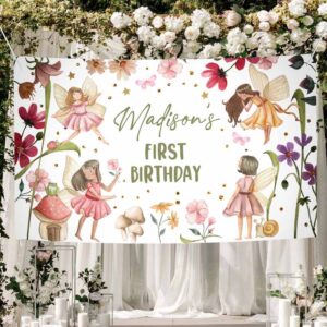 2 editable fairy birthday backdrop fairy first birthday girl pink fairy forest party decor magical enchanted corjl template printable 0406 1