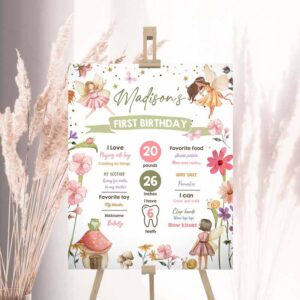 2 editable fairy birthday milestones sign fairy tea party girl birthday garden party fairy first birthday stats template printable corjl 0406 1