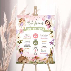 2 editable fairy birthday milestones sign fairy tea party girl birthday garden party fairy first birthday stats template printable corjl 0438 1