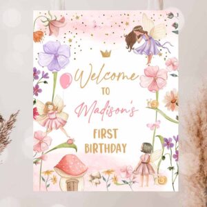 2 editable fairy birthday party welcome sign fairy garden sign whimsical welcome enchanted forest birthday girl pink template printable corjl 0406 1