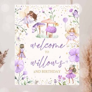 2 editable fairy birthday party welcome sign whimsical violet enchanted magical floral fairy princess birthday party decorations instant download sf 1