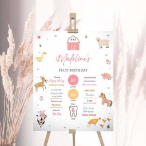 2 editable farm animals birthday milestones sign girl pink farm minimalist barnyard bash barnyard sign floral download template printable 0436 1