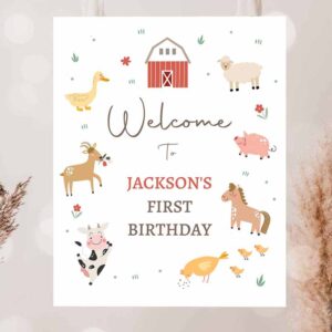 2 editable farm birthday welcome sign barnyard birthday welcome sign farm animals birthday sign boy red modern template corjl printable 0436 1