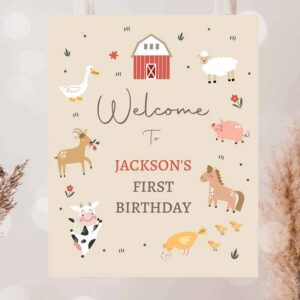 2 editable farm birthday welcome sign barnyard birthday welcome sign farm animals birthday sign boys red modern template corjl printable 0436 1