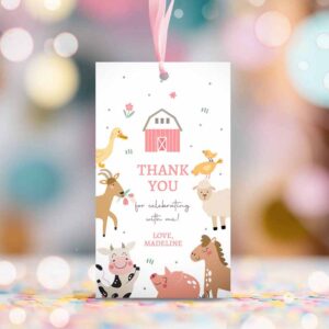2 editable farm favor tags tags pink farm birthday thank you tags barnyard gift tags girl birthday old mcdonald template printable corjl 0436 1