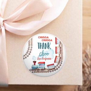 2 editable favor tags train birthday stickers chugga thank choo tags chugga two two red blue boy round tag train printable corjl template 0149 1