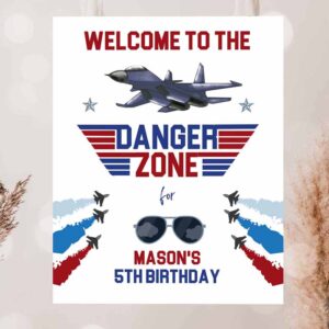 2 editable fighter pilot birthday party welcome sign danger zone aviator airplane boy first 1st fighter jet decor corjl template printable 0469 1