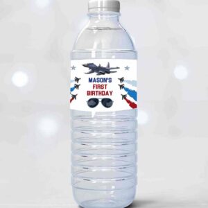 2 editable fighter pilot water bottle labels jet fuel labels boy birthday airplane fighter jet danger zone decor printable template corjl 0469 1
