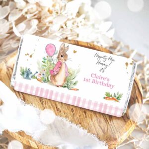 2 editable flopsy bunny chocolate bar labels candy bar wrapper peter rabbit birthday girl pink rustic download corjl template printable 0351 1