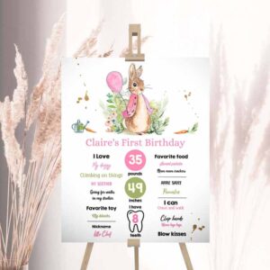 2 editable flopsy bunny milestones sign rustic girl pink peter rabbit 1st birthday watercolor milestone poster template printable corjl 0351 1