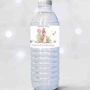 2 editable flopsy bunny water bottle labels peter rabbit party decor bunny birthday rustic watercolor girl pink printable template corjl 0351 1