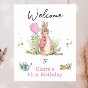 2 editable flopsy bunny welcome sign girl birthday baby shower welcome 1st birthday rabbit watercolor pink template corjl printable 0351 1