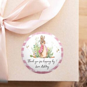 2 editable flopsy rabbit favor tag bunny thank you round pink girl baby shower label thanks hopping by printable download corjl template 0351 1