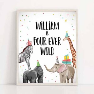 2 editable four ever wild birthday sign safari animals zoo jungle party wild animals party fourth birthday 4th corjl template printable 0142 1