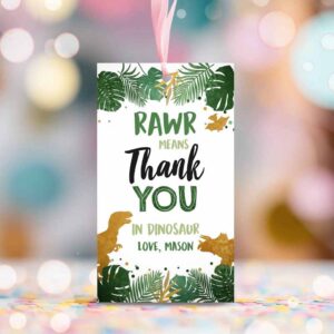 2 editable gold dinosaur gift tags dino thank you for stomping by boy rawr means thank you favor tags dino party corjl template printable 0146 1