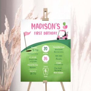 2 editable golf birthday milestones sign hole in one golf first birthday girl 1st golf court golf party pink template printable corjl 0405 1