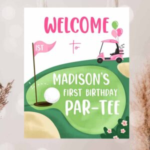 2 editable golf birthday welcome sign 1st birthday girl hole in one party first birthday par tee golfing golf template printable corjl 0405 1