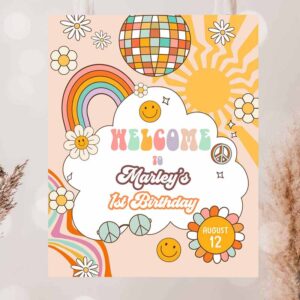 2 editable groovy birthday welcome sign floral boho birthday welcome sign retro 70s hippie festival download template corjl printable 0459 1