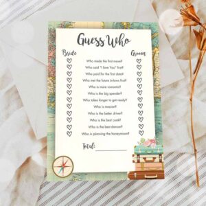 2 editable guess who bridal shower game travel bride groom said wedding shower activity vintage map suitcases template printable 1