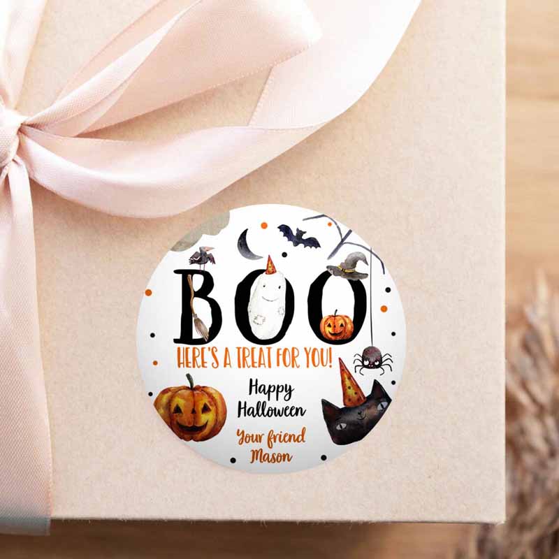 2 editable halloween favor tags boo gift tags costume party trick or treat sticker round birthday party download printable template corjl 0261 1
