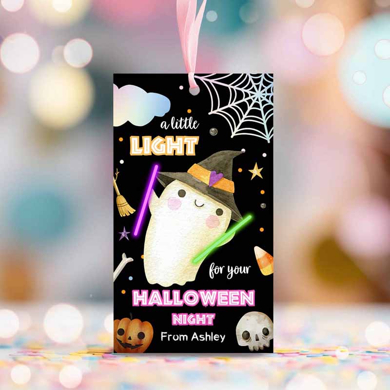 2 editable halloween glow stick favor tags ghost gift tags trick or treat halloween night school treat download black template corjl 0261 1