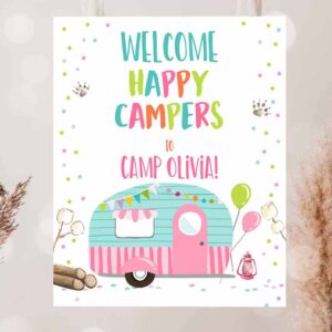 2 editable happy camper welcome sign camp birthday party girl party 0342 1